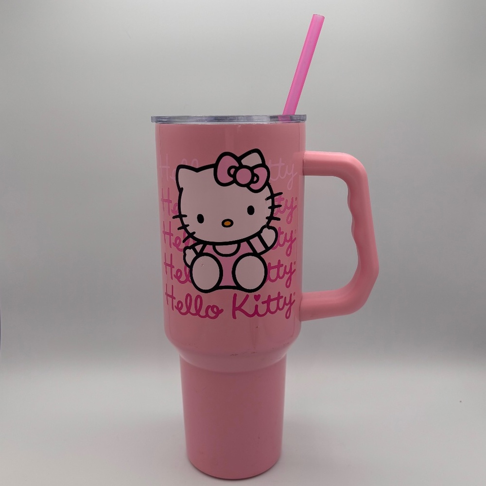 Sanrio Hello Kitty Script Lettering Cartoon Large Travel Tumbler w/ Straw Pink